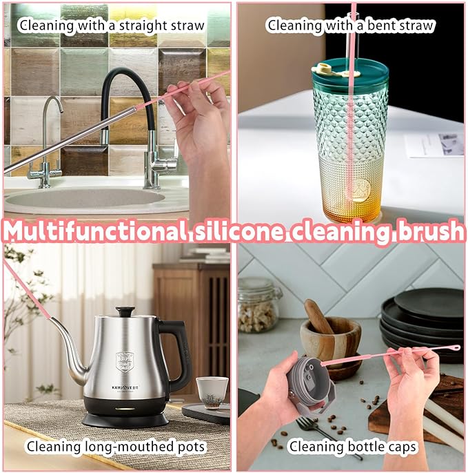 2pcs Silicone Straw Cleaner Brush, 9.5in Extra Long Reusable Straw Brush for Stanley, Metal, Glass Straws, Bendable Travel Drinking Bottle Lid Cleaning Tool for Crevice Pipe Tube (Pink)