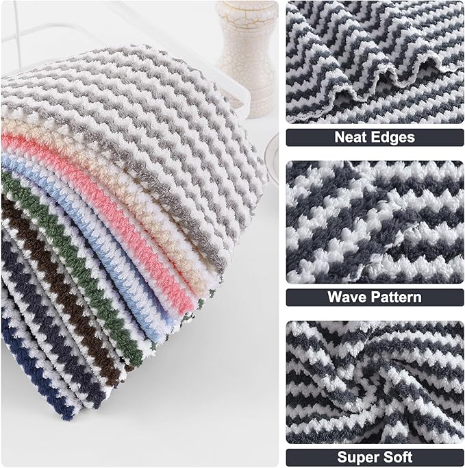 Homaxy 12 Pack Kitchen Dish Cloths, Ultra Soft and Absorbent Dish Towels, Reusable Fast Drying Microfiber Cleaning Cloth, Coral Velvet Wave Design No-lint, 10 x 10 inches, Dark Grey