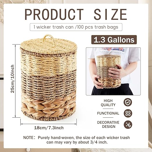 Ctosree 1.3 Gallons Small Trash Can with Lid Handle Boho Woven Braided Bathroom Waste Basket Trash Can with 100 Garbage Bags for Bedroom Office Laundry(Primary Color,Braided Wicker,Round)