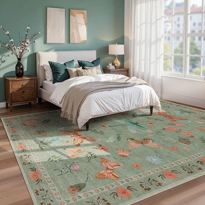 Floral Rug for Living Room Bedroom, 8x10 Area Rugs, Green Vintage Boho Washable Rug, Large Non Slip Low Pile Wool Carpet for Indoor Dining Room,Girls Room,Nursery Room and Kids Room