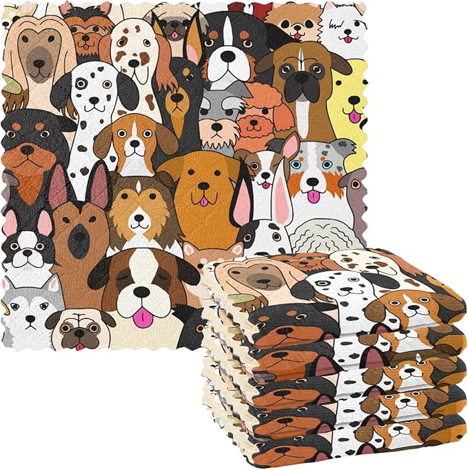 Dish Towels Kitchen Cleaning Cloths Cute Doodle Dog Print Animal Dish Cloths Absorbent Kitchen Towels Lint Free Bar Tea Soft Towel Kitchen Accessories Set of 6,11"x11"