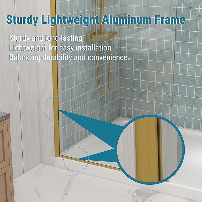 Sunrosa 36"×76" Shower Glass Panel,8mm Thick Shower Screen,Brushed Gold Semi-Frameless Bathroom Shower Door, Easy to Clean, Curved Angle Glass Panel