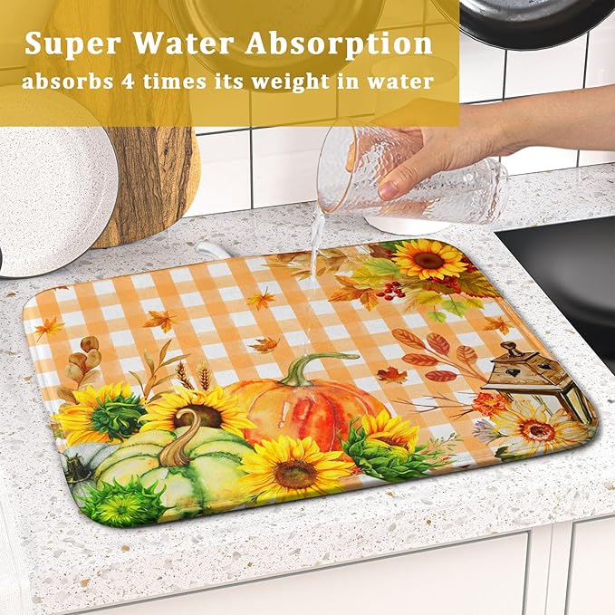 Autumn Maple Leaf Orange White Check Plaids Dish Drying Mat for Kitchen Counter,Fall Sunflower Pumpkin Drying Mat 16 x 18 Inch with Absorbent Reversible Microfiber Dish Drying Pad for Coffee Bar