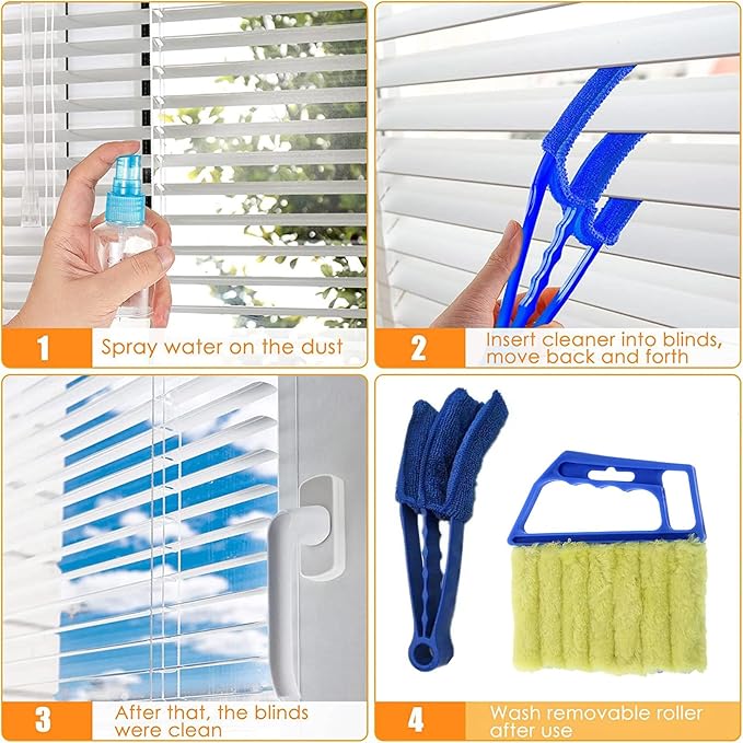 Blind Cleaner Duster Tool, 7 Finger & 3 Finger Window Venetian Blind Brushes, Washable Mini Cleaner Brush, Venetian Blinds Duster Brush for Window & Air Conditioner Fan, 2 Pack, Blue, PP+Microfiber