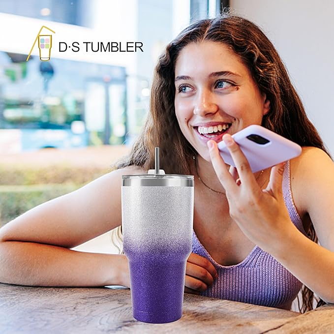 D·S 30 oz Tumbler Purple Glitter Gradient Cup Stainless Steel Double Wall Vacuum Insulated Mug with Straw and Lid, Cleaning Brush for Cold and Hot Beverages