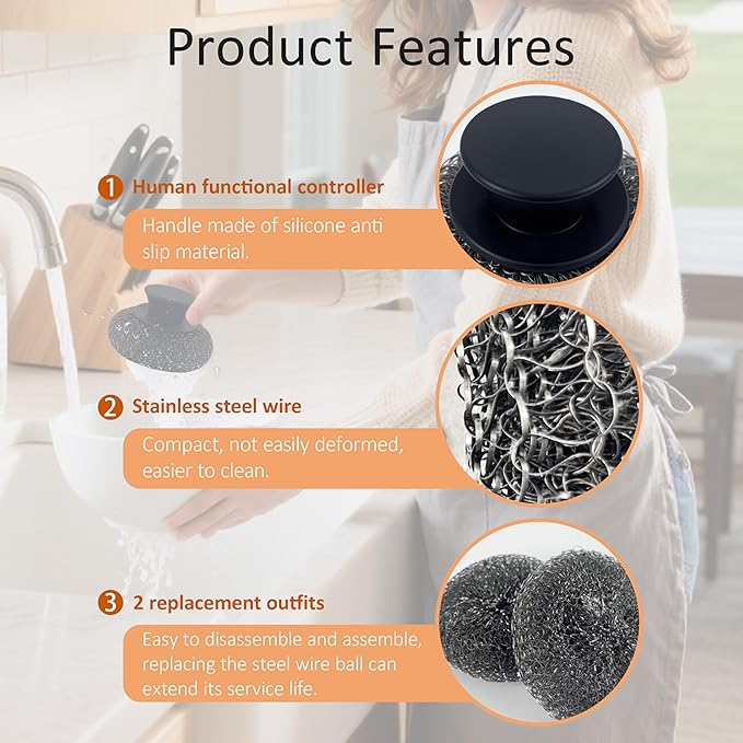 Stainless Steel Wool Scrubber with Rubber Handle & 2 Pads for Cleaning Dishes, Kitchen Pots, Pans, Grills (Black-2Pack)