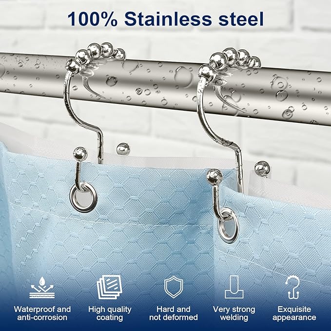 Shower Curtain Hooks,Sturdy Stainless Steel Double Sided Shower Hooks Rings for Bathroom Shower Curtain Rods Curtains Set of 12 Hooks - Nickel