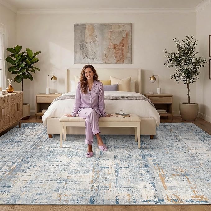 10x14 Extra Large Washable Area Rug, Soft Abstract Vintage Rug for Living Room, Bedroom, Office, Farmhouse, Low Pile Imitation Wool Non Slip Carpet Ideal for High-Traffic Areas, Blue Beige
