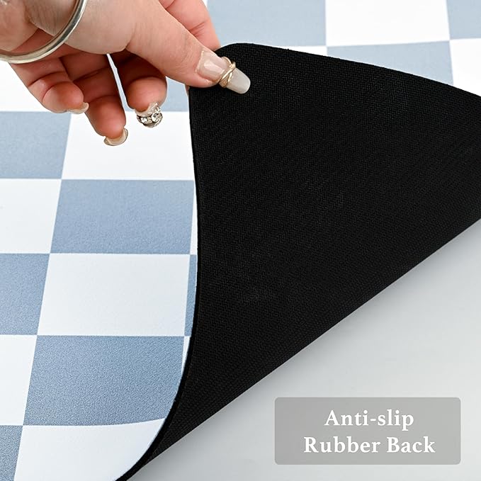 Checkered Dish Drying Mat for Kitchen Counter, Coffee Bar, Coffee Station Accessories, Retro Cute Aesthetic Modern Absorbent Drainer Mat Kitchen Drying Mat Easy Clean, Blue 16" x 24"