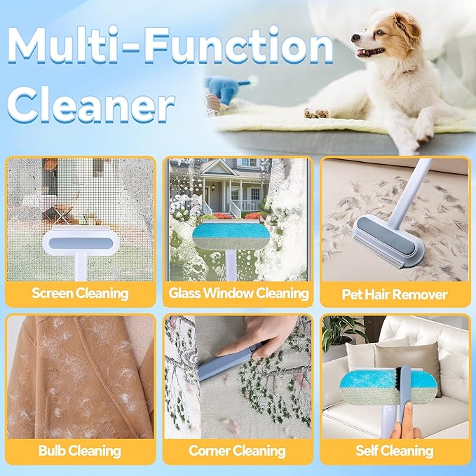 4 in 1 Mesh Screen Cleaner, Multi-Functional Window Screen Cleaning Brush, Pet Hair Removal Tool with Extra Long Handle, Gentle on Furniture, Couch, Carpet, Clothing, Bedding, Window, Mesh Screen