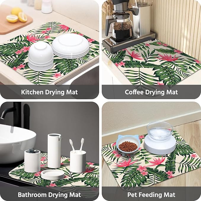 Dish Drying Mat for Kitchen Counter 16x18 Inch, Super Absorbent Dish Drainer Mat, Decorative Microfiber Dishes Drying Pad-Small(Tropical Leaf)