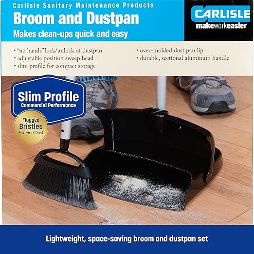 Carlisle FoodService Products Duo-Pan Upright Dust Pan and Broom Set with Adjustable Broom Head for Floor Cleaning, Restaurants, and Janitorial Use, 36 x 11.8 x 41 Inches, Black (Pack of 4)