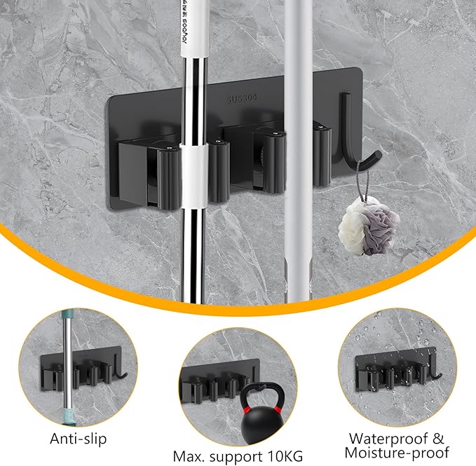 Broom Holder Wall Mount No Drill,Broom and Mop Organizer Wall Hanging Heavy Duty with Hooks Hanger, Self Adhesive Stainless Steel Broom Organizer for Bathroom, Kitchen, Laundry Room Storage (6Pcs)