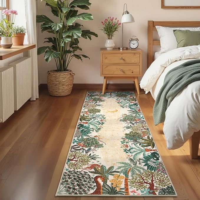 GarveeHome 2x6 Jungle Washable Runner Rug for Kitchen, Soft Animal Print Hallway Runner Non Slip Beige Entryway Rug Farmhouse Laundry Mat Stain Resistant Carpet for Bedroom Bathroom