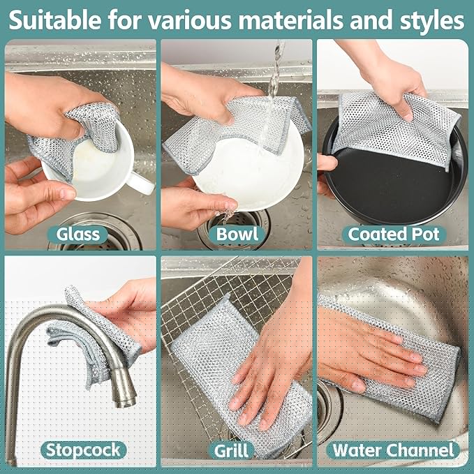 12Pcs Multipurpose Wire Dishwashing Cloths, Non-Scratch Wire Dishcloths, Double Layer & Wet & Dry Cleaning Cloths, Steel Mesh Cleaning Rags for Dishes/Metal/Home/Kitchen