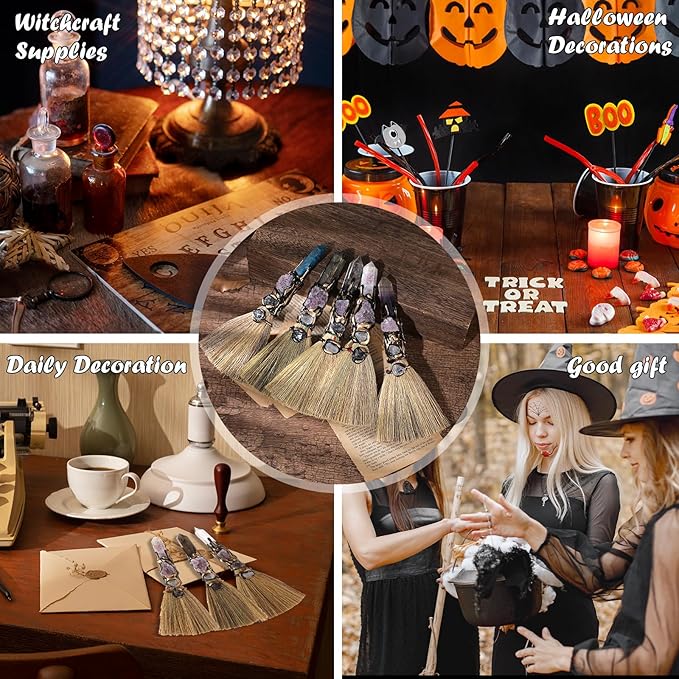 Witch Broom Witchcraft Supplies - Altar Supplies with Labradorite Wiccan Stuff Magic Broomstick with Natural Healing Crystals Hexagonal Points Pagan Reiki Energy Clearing Decor