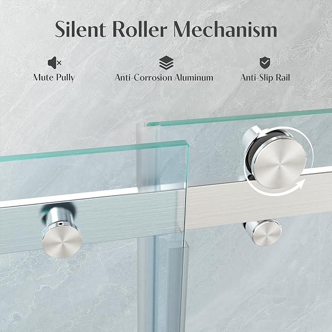 Frameless Sliding Shower Door 56-60" W x 72" H, 5/16" (8mm) Heavy Duty Tempered Glass, Brushed Nickel Finish, Single Sliding Walk-in Shower Glass Door, Reversible Installation, Smooth & Quiet Gliding