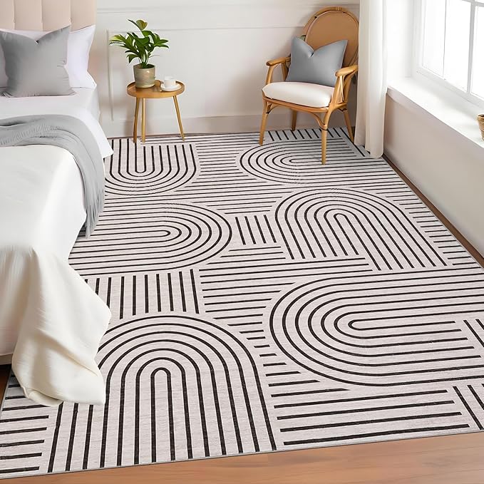 Washable Rug 4x6 Area Rugs for Living Room, Abstract Rug for Bedroom, Soft Rainbow Non Slip Throw Rugs with Rubber Back, Low Pile Stain Resistant Boho Geometric Carpet for Dining Room, LightCamel