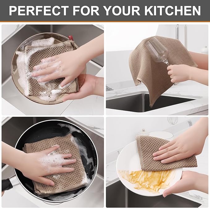 Kitinjoy 100% Cotton Kitchen Dish Cloths (12 X 12 Inches, Tan), 6 Pack Waffle Weave Ultra Soft Absorbent Dish Towels for Drying Dishes Quick Drying Kitchen Towels Dish Rags