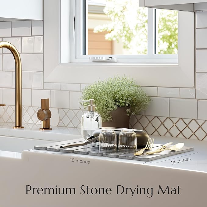 Stone Drying Mat for Kitchen Counter - Collapsible Diatomaceous Earth Dish Drying Stone - Fast Absorbent Stone Dish Drying Mat for Dishes and Pots (Gray)