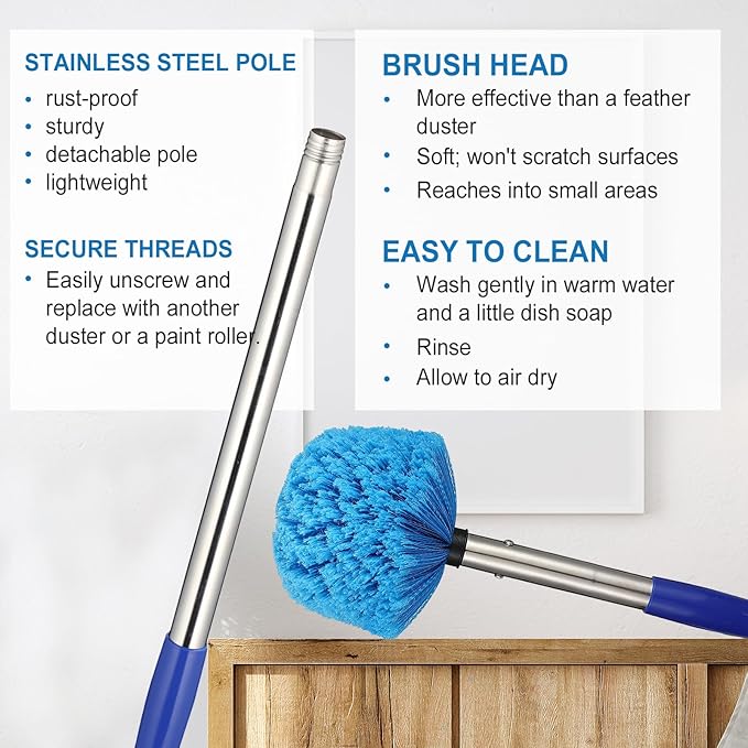 Cobweb Duster with Extension Pole, 10 FT Stainless Steel Pole with Spider Web Brush Head Ceiling Fan Duster for Outdoor Indoor Cleaning, Reach UP to 16-18 FT