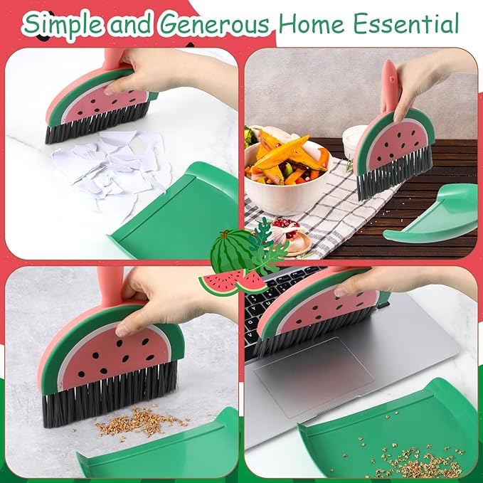 Ouligay Portable Small Broom and Dustpan Set with Durable Brush,Cute Mini Dustpan and Brush Sets, Lightweight Dust Pan and Broom Set for Desktop Small Space Cleaning(Watermelon)