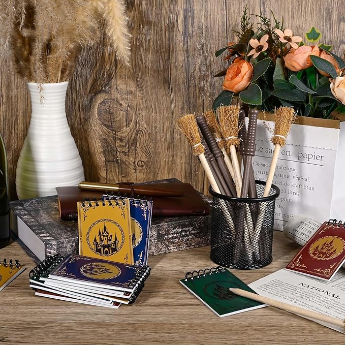 24 Pcs Magical Wizard Notepads Set Spiral Notebooks and Magic Wand Pencils Witch Broom Pencils Magical Wizard School Mini Notepads Small Pocket Journal Goodie Bag Stuffers for Wizard School Classroom Favors Supplies