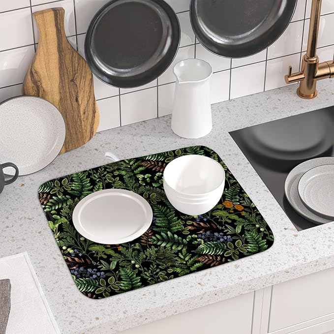Black Sage Green Plant Dish Drying Mat for Kitchen Counter,Vintage Botanic Fern Leaves Floral Drying Mat 16 x 18 Inch with Absorbent Reversible Microfiber Drying Pad for Coffee Bar