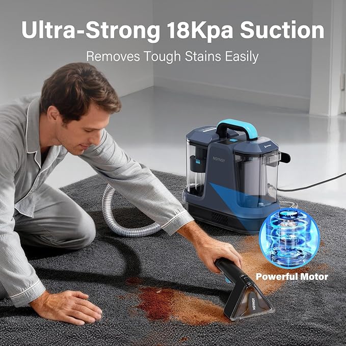 Portable Carpet & Upholstery Spot Cleaner, Compact Strong-Suction Machine with Scrubbing Brush, Removes Pet Stains, Spills & Dirt from Sofas, Stairs, Rugs, Mattresses & Car Interiors