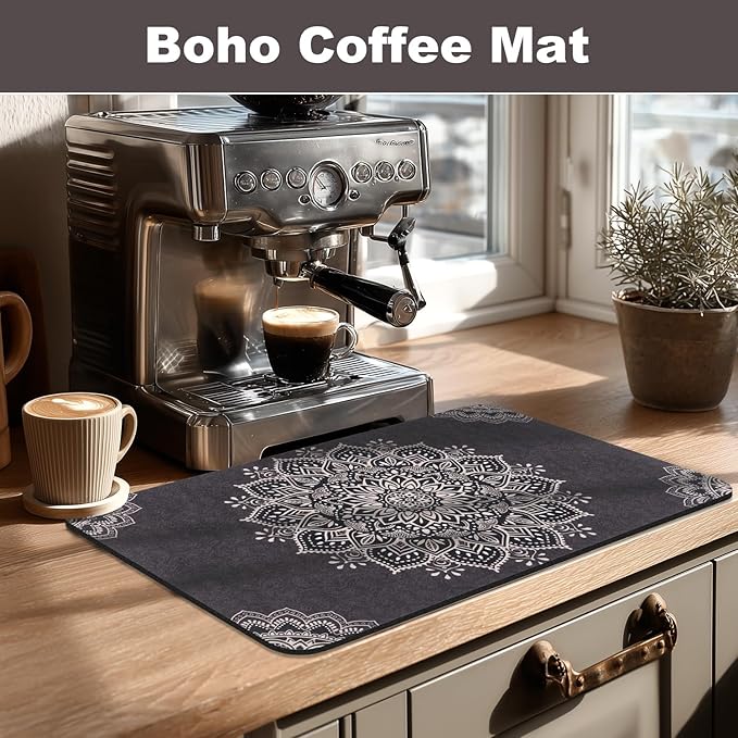 Yamaziot Boho Coffee Mat 12"x20", Floral Dish Drying Mat for Kitchen Counter, Non Slip Coffee Bar Accessories Espresso Machine Dish Rack