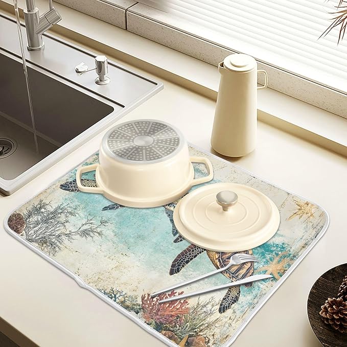 Vintage Ocean Sea Turtle04 Dish Drying Mat for Kitchen Counter Absorbent Microfiber Small Drying Pad Dish mats for Kitchen Countertops 16 x 18 Inch