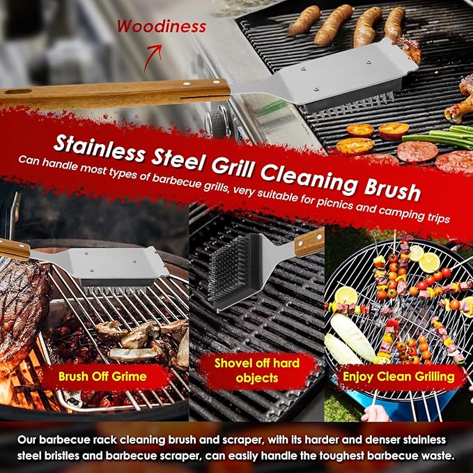 2Pcs Grill Cleaning Brush Set Ergonomic BBQ Brush and Scraper with Wooden Extended Handle Barbecue Cleaning Tool for Barbecue Grill