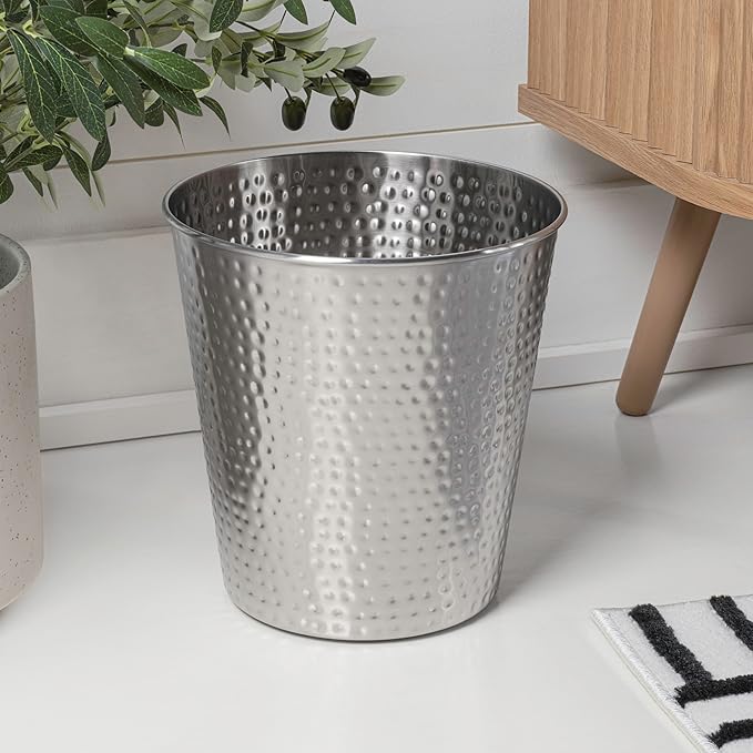 happimess HPM1110C-SET2 Axel Modern Minimalist Hammered Steel 2 Gal Waste Bin for Kitchen, Office, Bathroom, Bedroom, Dorm, Brushed Steel (Set of 2)