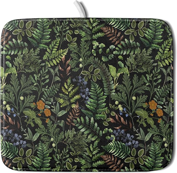 Black Sage Green Plant Dish Drying Mat for Kitchen Counter,Vintage Botanic Fern Leaves Floral Drying Mat 16 x 18 Inch with Absorbent Reversible Microfiber Drying Pad for Coffee Bar