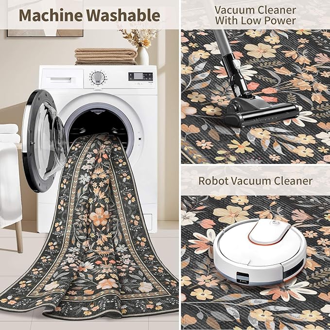 3x5 Rug for Entryway Bedroom, Black 3x5 Washable Area Rug, Floral Vintage Retro Boho Throw Rug, Non Slip & Low Pile Small Carpet for Indoor Kitchen, Bedside, Living Room, Bathroom and Dining
