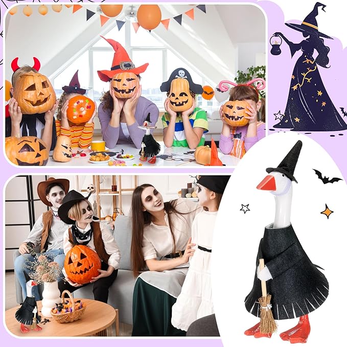 Abbylike Thanksgiving Mini Desk Goose Outfits 7 Inch Magnetic Silly Goose Statue Candy Corn Costume with Witch Hat and Broom for Halloween Magnetic Duck Statue Desk Key Holder Decor(Witch)