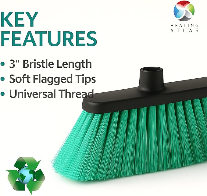 Aria Green Broom Head – 13” Sweeping Width – Soft/Firm Magnetic Flagged Bristles – Universal Thread – Recycled PP – Daily Indoor Sweeper (Green, ARIA)
