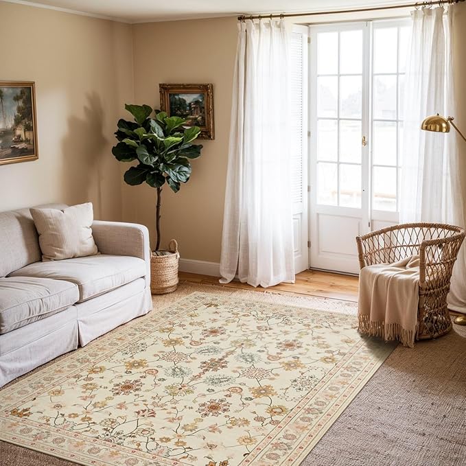 Floral Rug for Living Room Bedroom, 3x5 Washable Area Rug, Vintage Boho Throw Rugs, Non Slip & Low Pile Carpet for Indoor Dining Room, Girls Room, Nursery Room and Kids Room(Apricot 3x5ft)