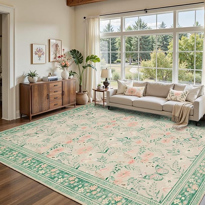 Floral Rug for Living Room Bedroom, 8x10 Washable Rug, Green Vintage Boho Area Rug, Large Non Slip Low Pile Carpet for Indoor Dining Room,Girls Kids Room and Nursery Room(Sage Green 8x10ft)