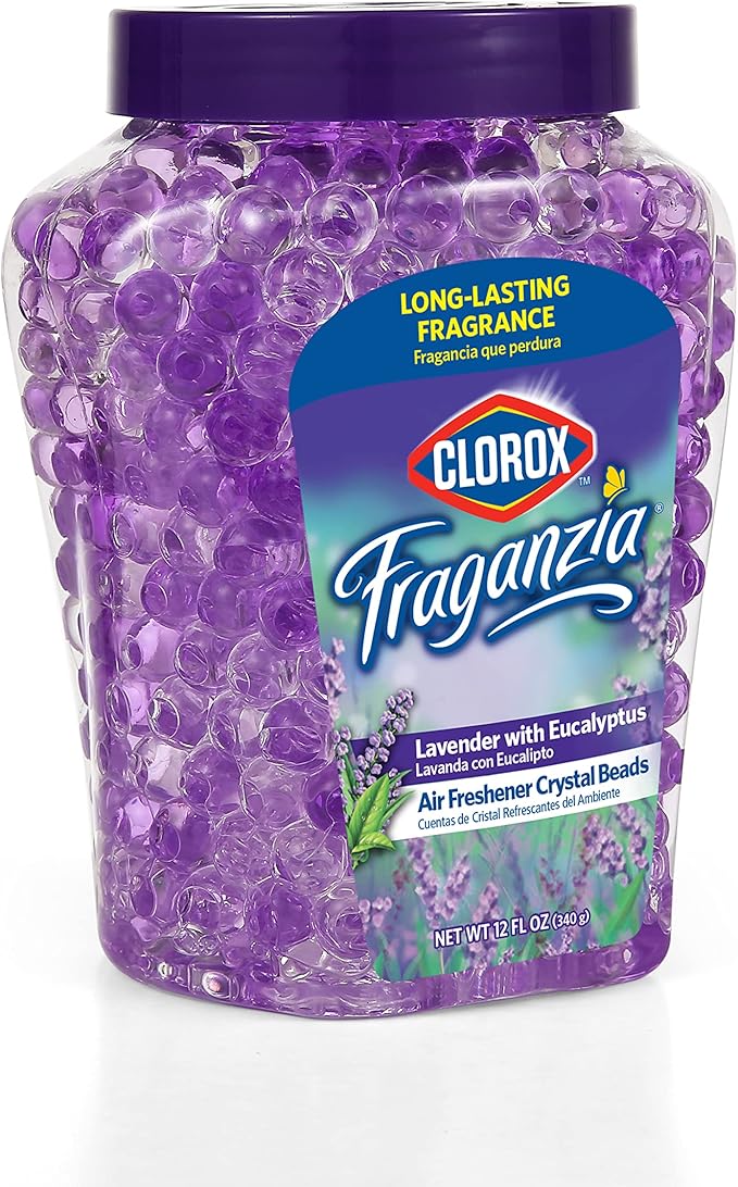 Clorox Fraganzia Crystal Beads Air Freshener, Long Lasting Room Deodorizer and Odor Eliminator Gel Beads to Freshen Home, Car, or Office, Lavender with Eucalyptus Scent, 12 Fl Oz