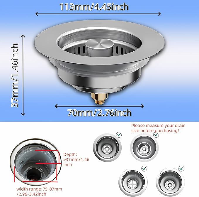 3 in 1 Kitchen Sink Drain Strainer,Universal Stainless Steel Kitchen Sink Stopper, Pop Up Anti-Clogging for 3-1/2 Inch US Standard Sink Drain Strainer