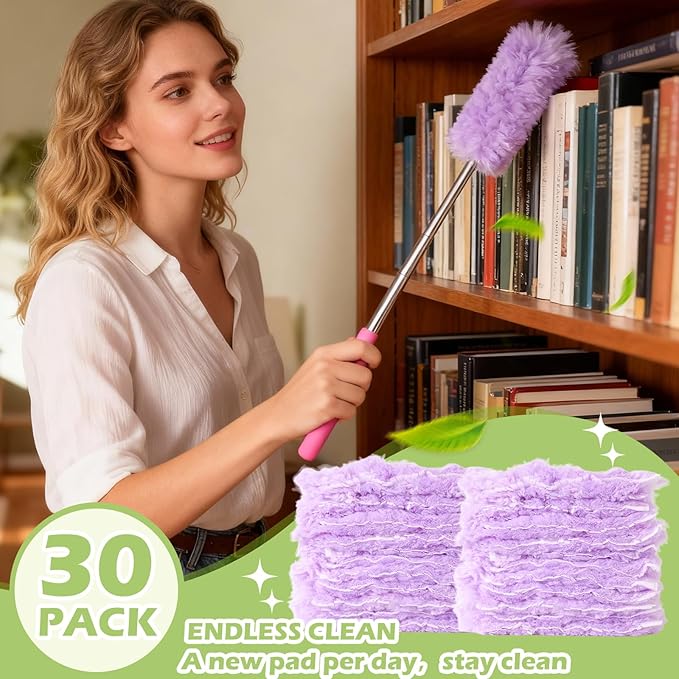 30-Pack Dual-Sided 360° Duster Refills, Heavy Duty Static Cleaning Heads for Multi-Surface, Compatible with Most Handles for Furniture, Electronics, Fans & Blinds (Purple)