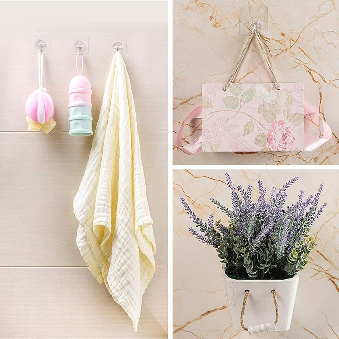 Transparent Adhesive Hooks 30 lb(Max), Waterproof and Oilproof Reusable Seamless Hooks, Heavy Duty Wall Hook for Kitchen Bathroom Office (8 Pack) Transparen