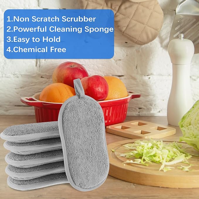 6 Pack Dual-Sided Sponges Kitchen, Non Scratch Microfiber Dish Sponge All Purpose Dish Washing Scrubber for Cleaning Non-Stick Cookware Dishes Kitchen Pots Pans Sink Household(Grey)