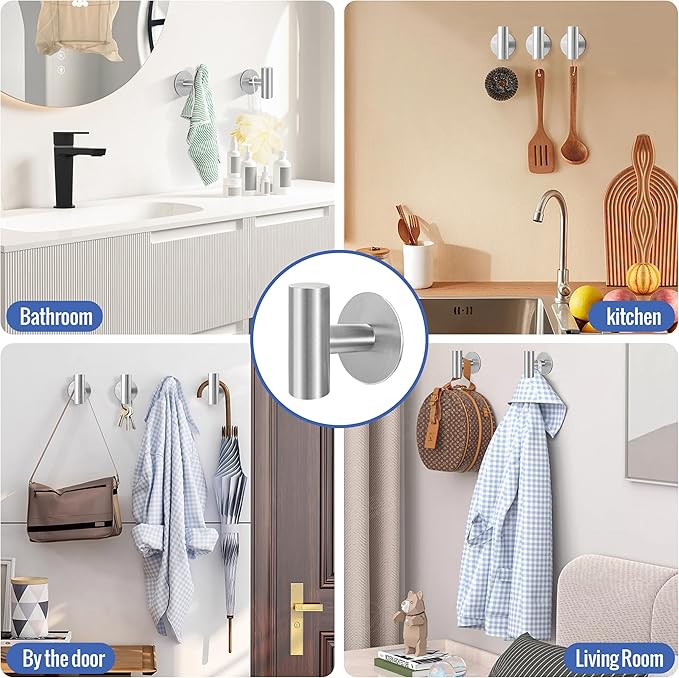 Adhesive Towel Hooks, Brushed Nickel SUS 304 Stainless Steel Heavy Duty Self Adhesive Robe Hooks for Bathrooms Kitchen Wall Mounted (Brushed Nickel, 2 Pcs)