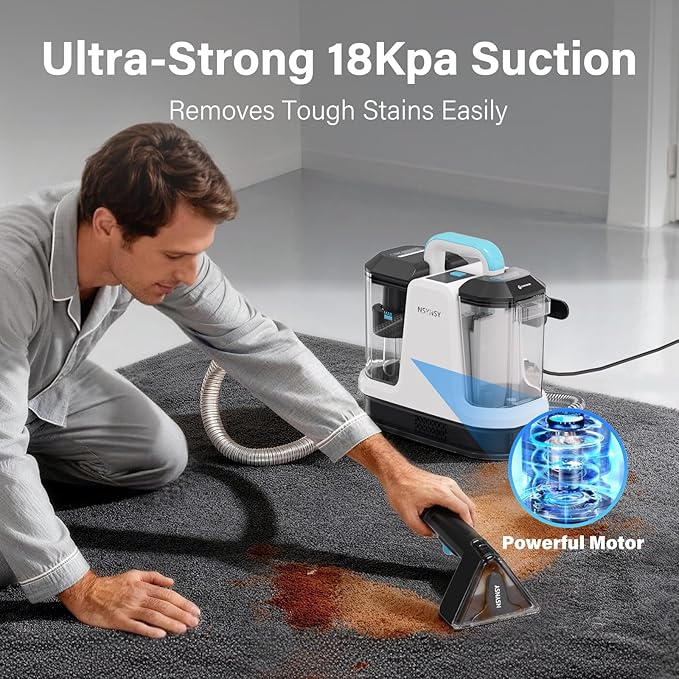Portable Carpet & Upholstery Spot Cleaner, Compact Strong-Suction Machine with Scrubbing Brush, Removes Pet Stains, Spills & Dirt from Sofas, Stairs, Rugs, Mattresses & Car Interiors