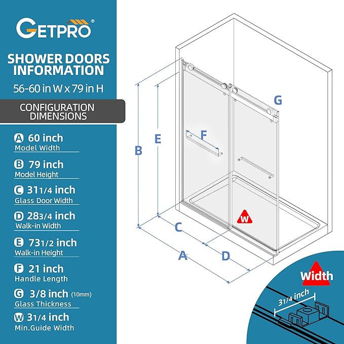 GETPRO Shower Door Frameless 57-60" W x 79" H Double Sliding Bathroom Shower Doors 3/8 Inch Clear Tempered Glass Door for Walk-in Shower with Soft Close and Width Adjustable Matte Black