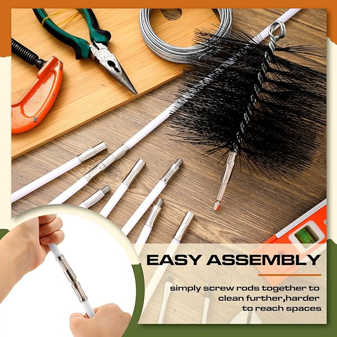Wire Chimney Cleaning Brush with 1/4 Npt Fitting and 12 Rods, 6 Inch Round Steel Chimney Cleaning Brush and 16 Inch Fiberglass Rods for Hearth Fireplace(All-in-one)