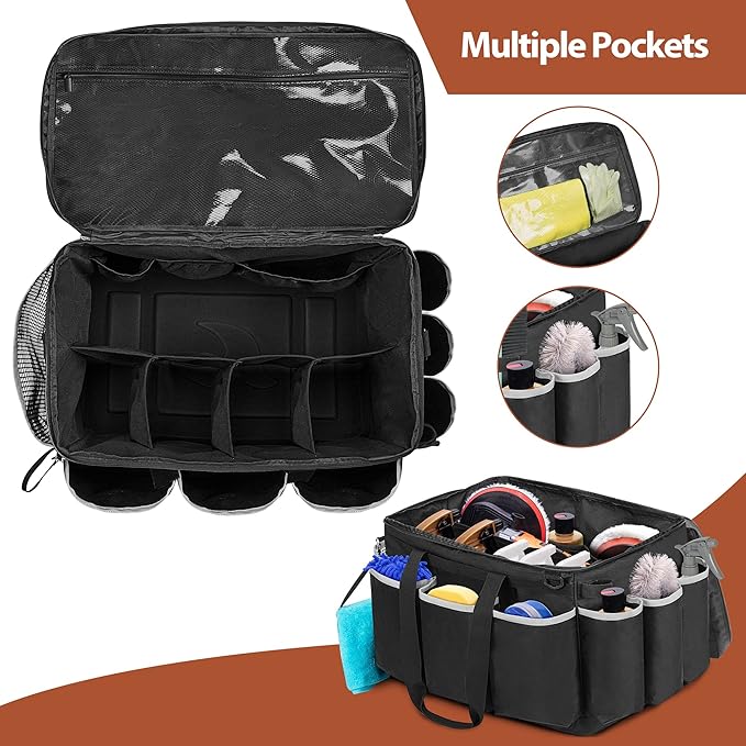 Extra-Large Detailing Bag with Waterproof EVA Hard Bottom, Auto Detail Supplies Organizer for Polisher, Bottles & Detailing Kit, Car Care Tools Tote with Lid & Shoulder Strap, Patent Design