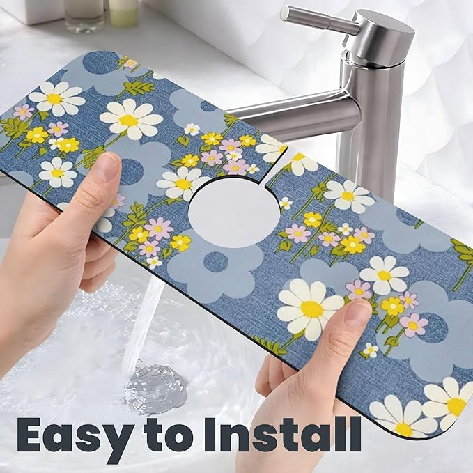 Daisy Flowers Dish Drying Mat for Kitchen Counter, 16"x18" Microfiber Absorbent Fast Dry Mat, 2Pcs Dish Mat Faucet Mats Sets, Large Drying Kitchen Mat Kitchen Drying Pad Coffee Bar Decor Gifts